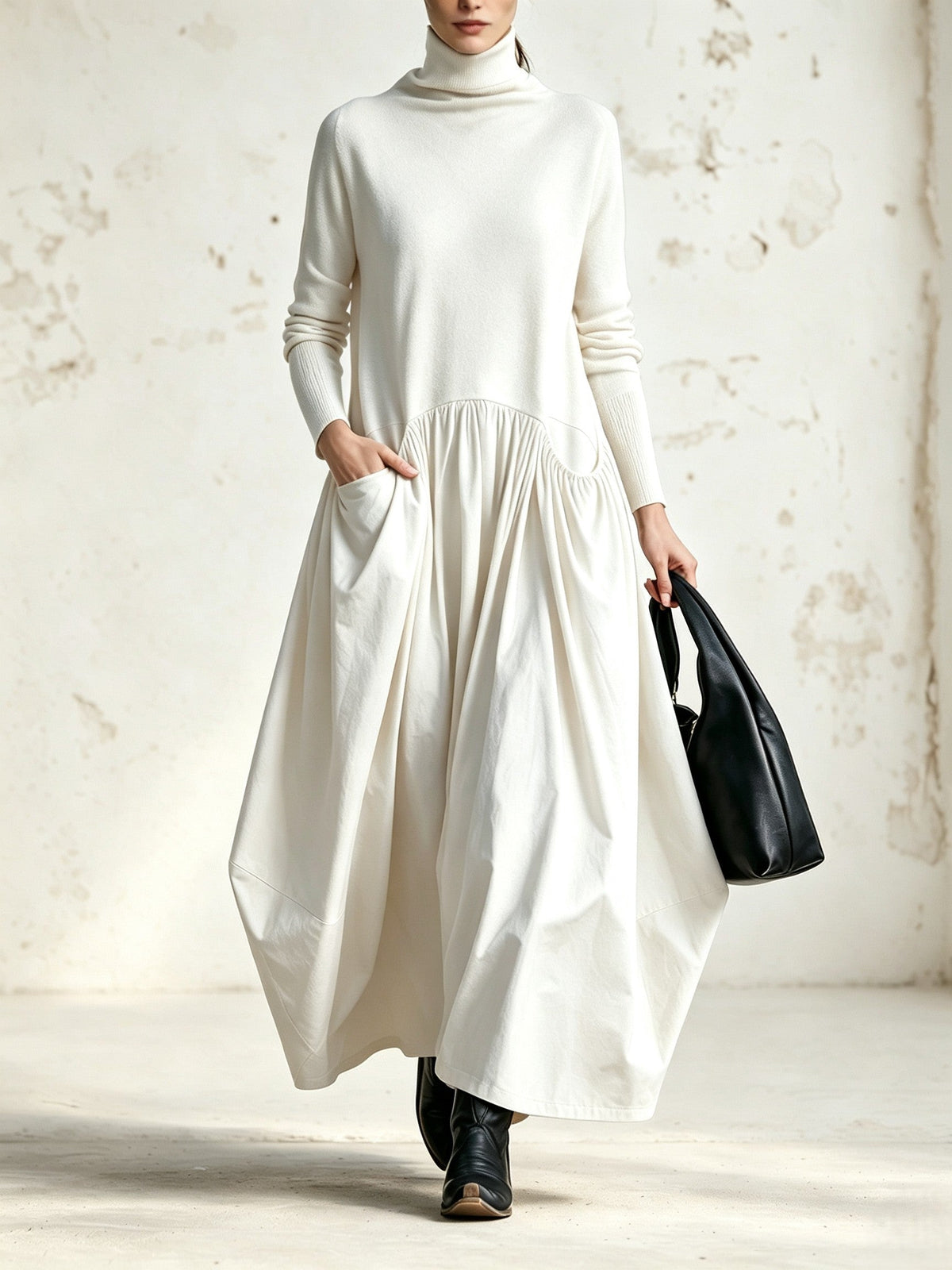 Abito Lungo Oversize con Collo Alto