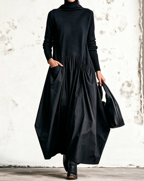 Abito Lungo Oversize con Collo Alto