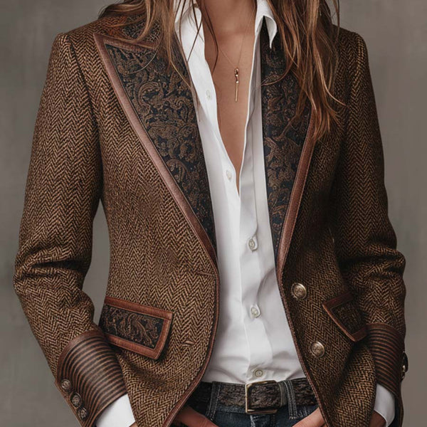 Blazer Donna con Pannello Stampato a Spina di Pesce