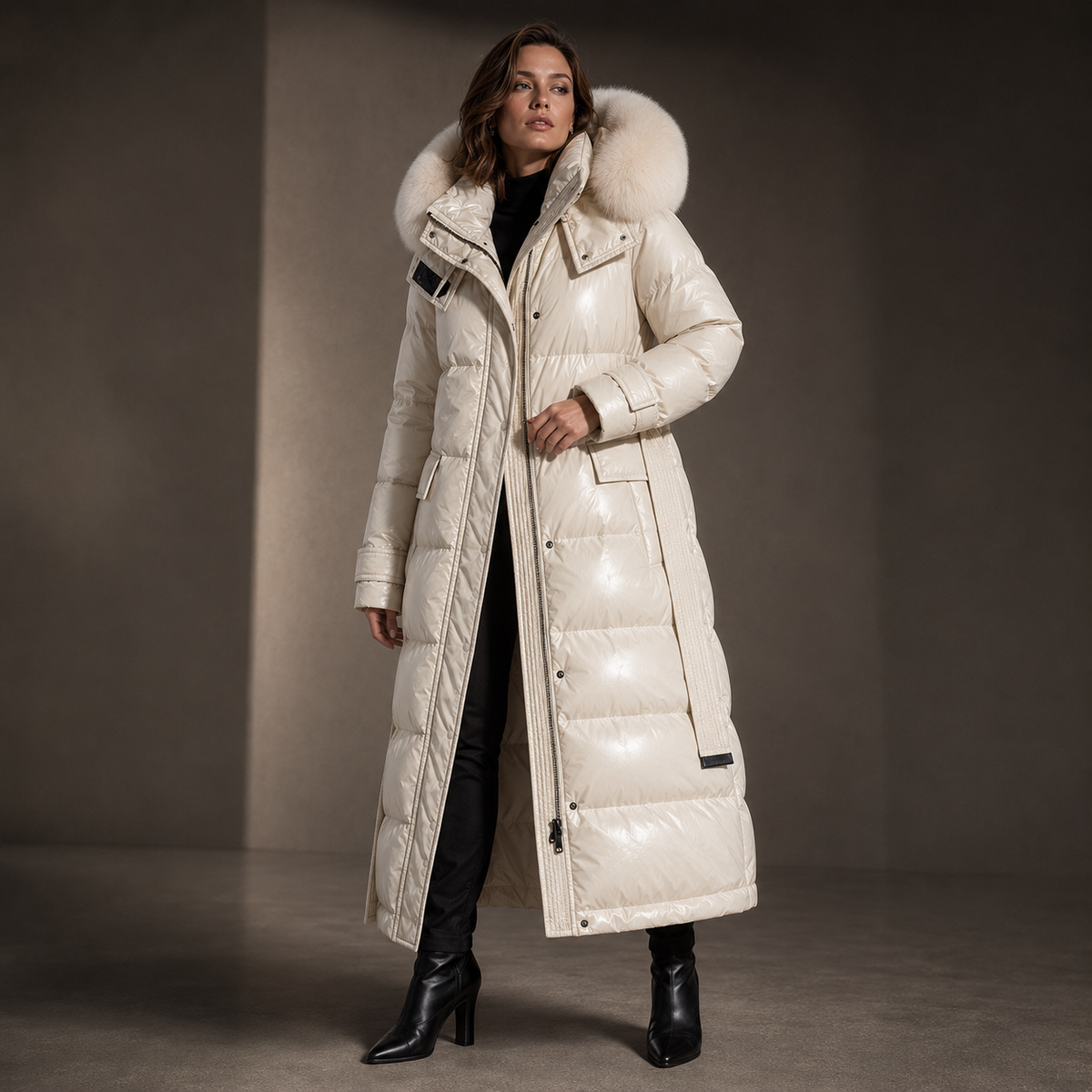 Cappotto Puffer con Cappuccio in Pelliccia