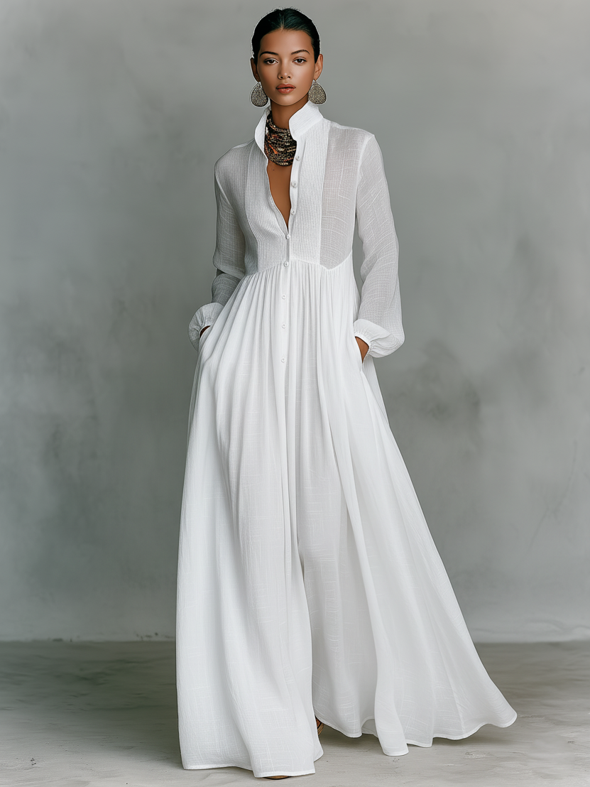 Genevieve | Abito Maxi con Collo Alto e Bottoni