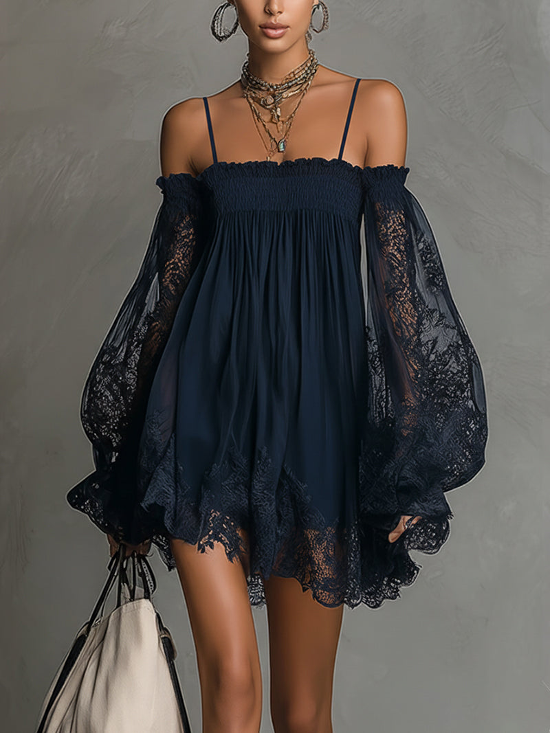 Louisa | Abito in Chiffon con Maniche in Pizzo a Spalle Scoperte