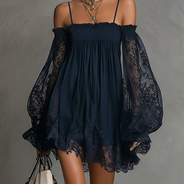Louisa | Abito in Chiffon con Maniche in Pizzo a Spalle Scoperte