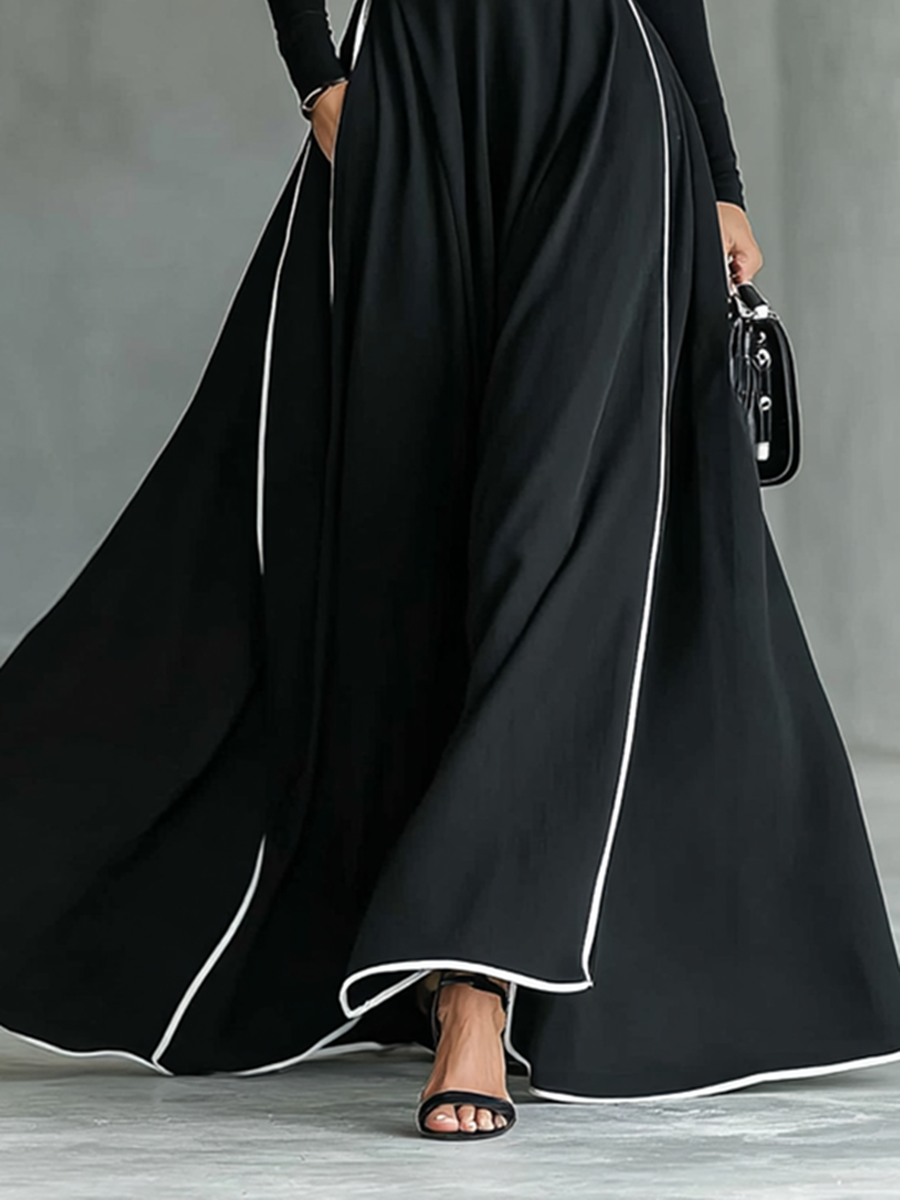 Gina – Abito Maxi Donna Nero con Cuciture Bianche e Collo Alto, Maniche Lunghe, Vita Sottile