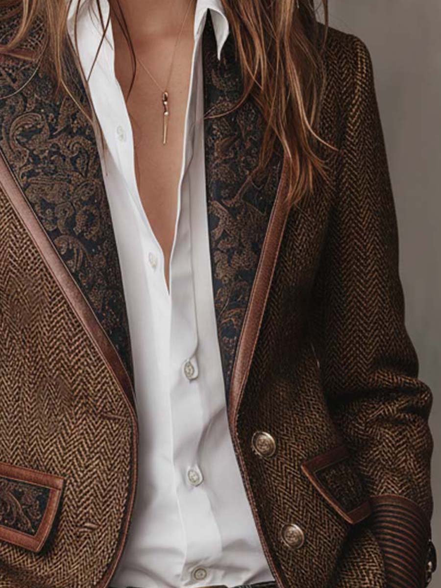Blazer Donna con Pannello Stampato a Spina di Pesce