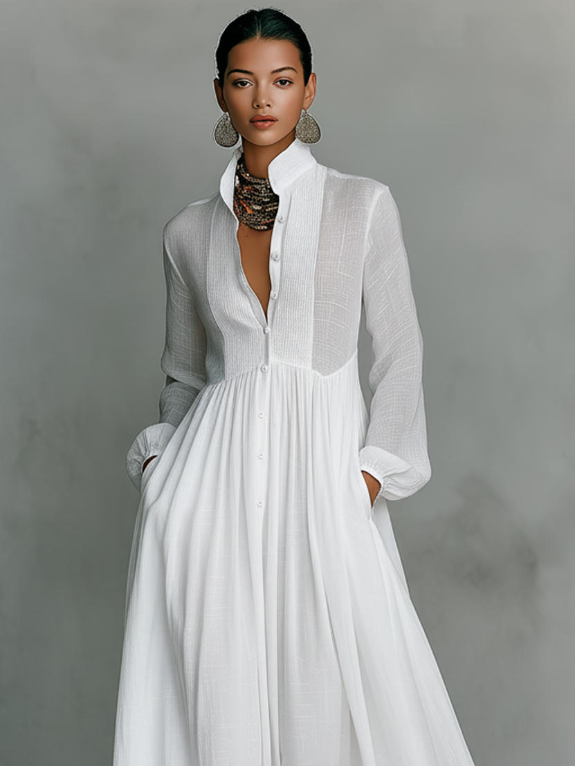 Genevieve | Abito Maxi con Collo Alto e Bottoni