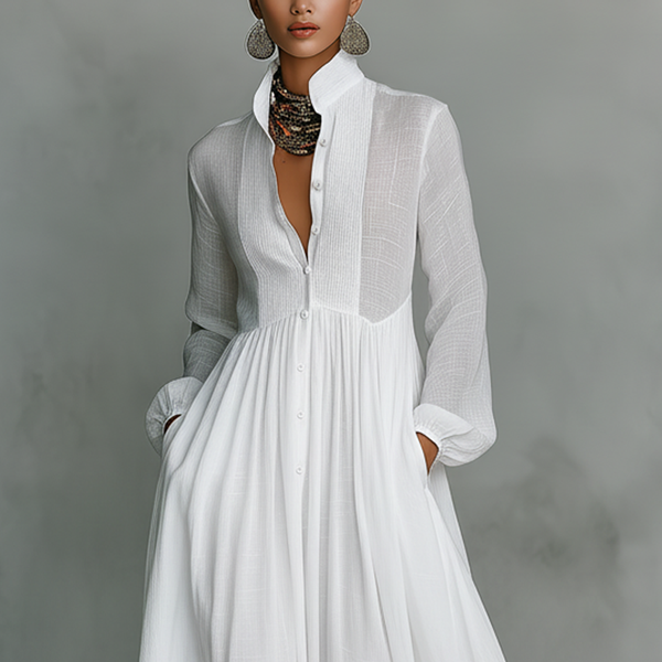 Genevieve | Abito Maxi con Collo Alto e Bottoni