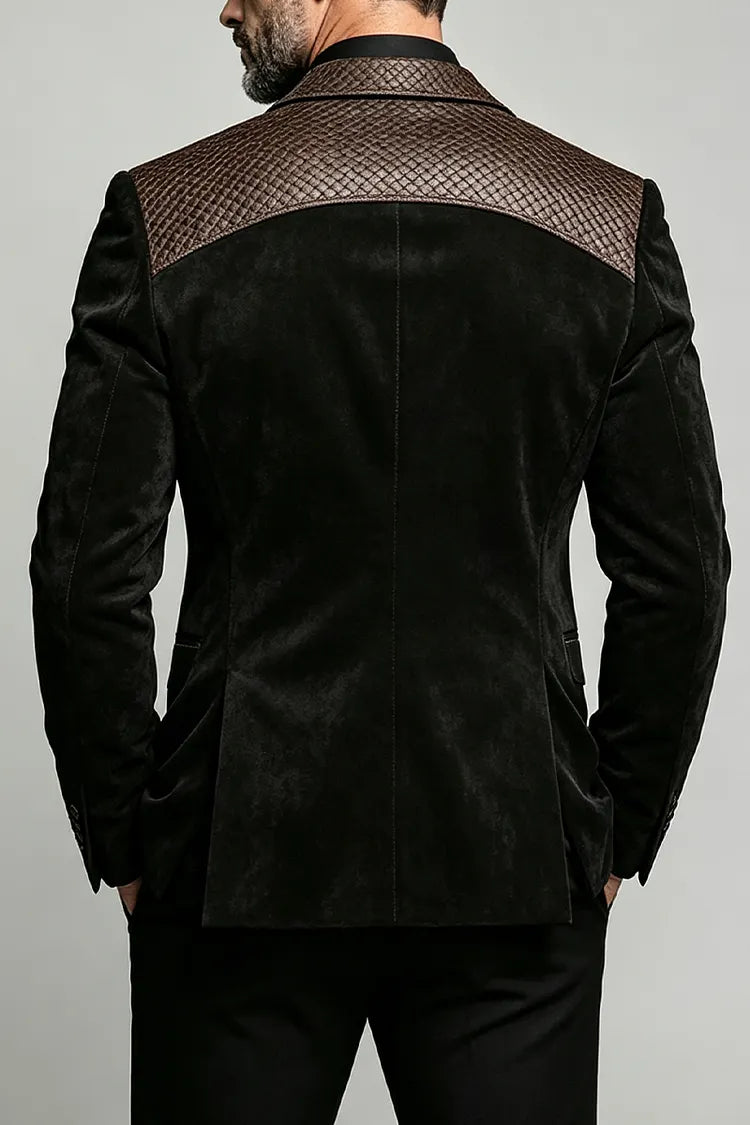 Blazer uomo nero scamosciato con dettagli in pelle marrone