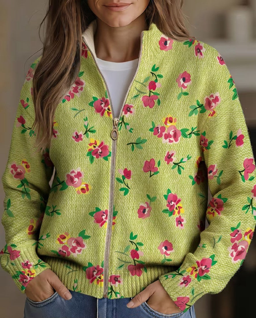 Agnese™ | Cardigan Zip Floreale Rosa e Lime