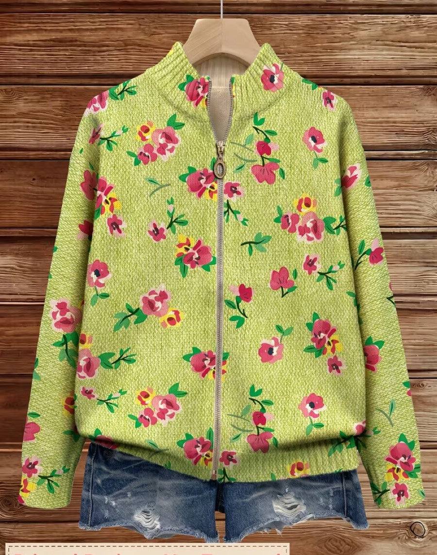 Agnese™ | Cardigan Zip Floreale Rosa e Lime