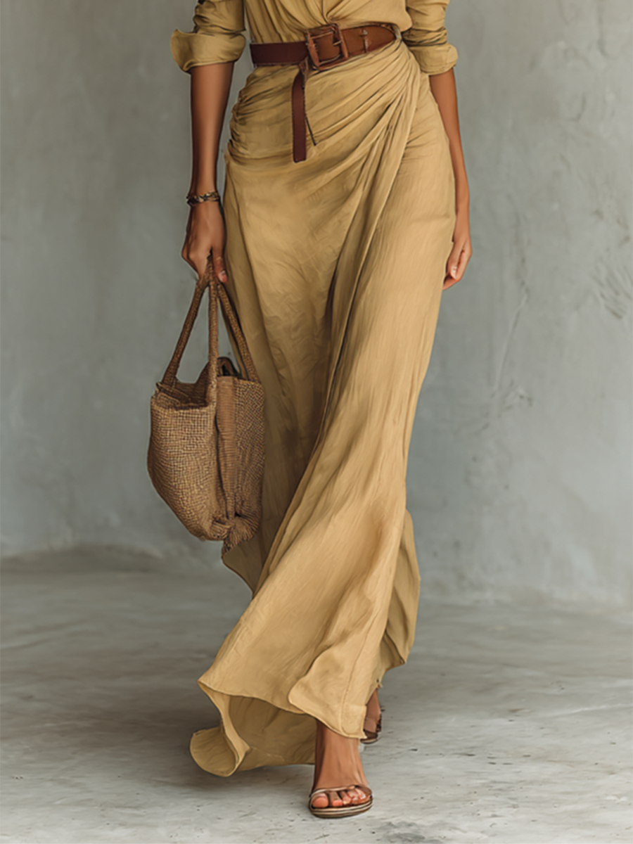 Imogen | Abito Maxi Camicia con Cintura e Scollo Incrociato