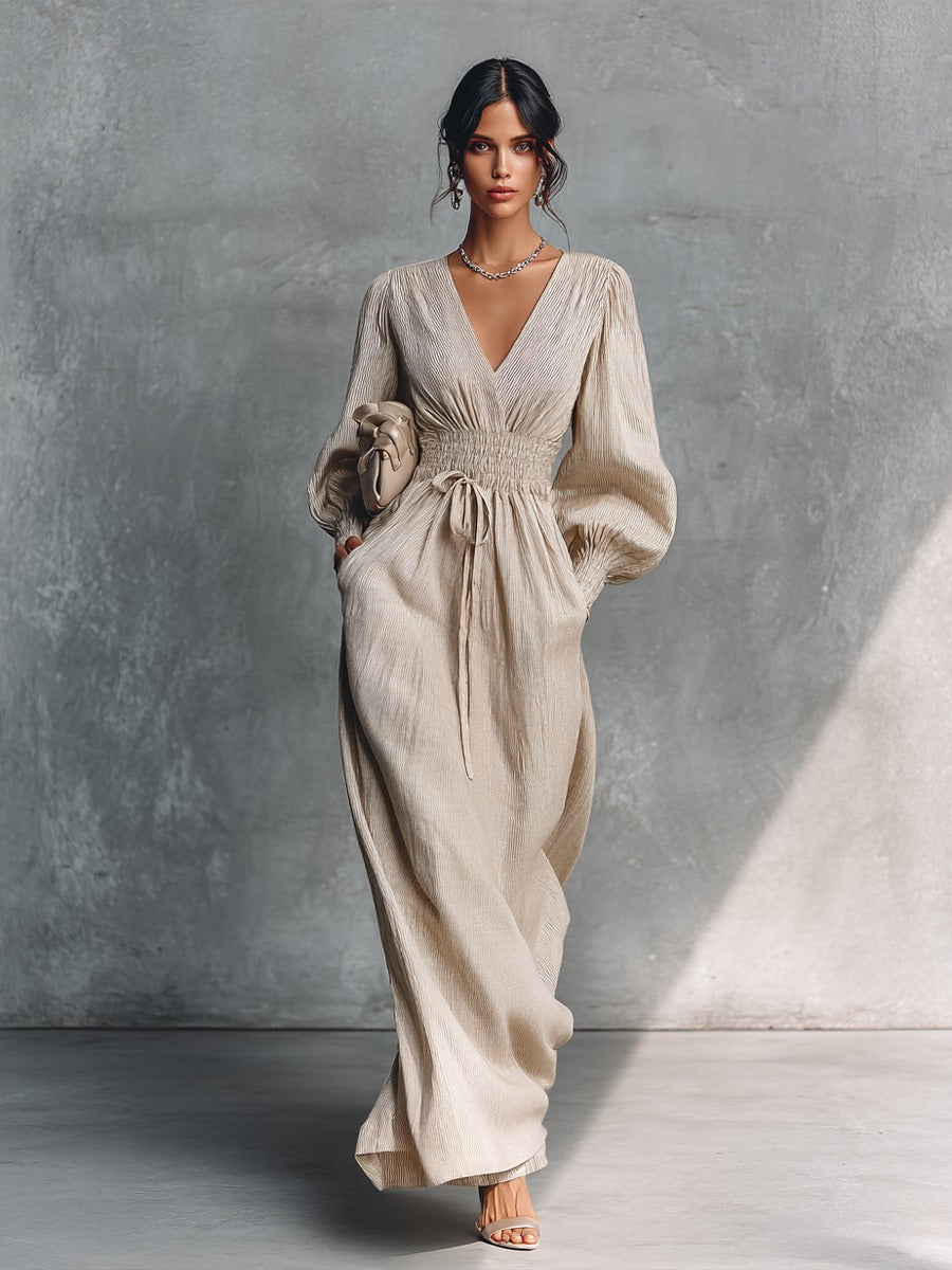 Abito lungo a righe beige in cotone e lino