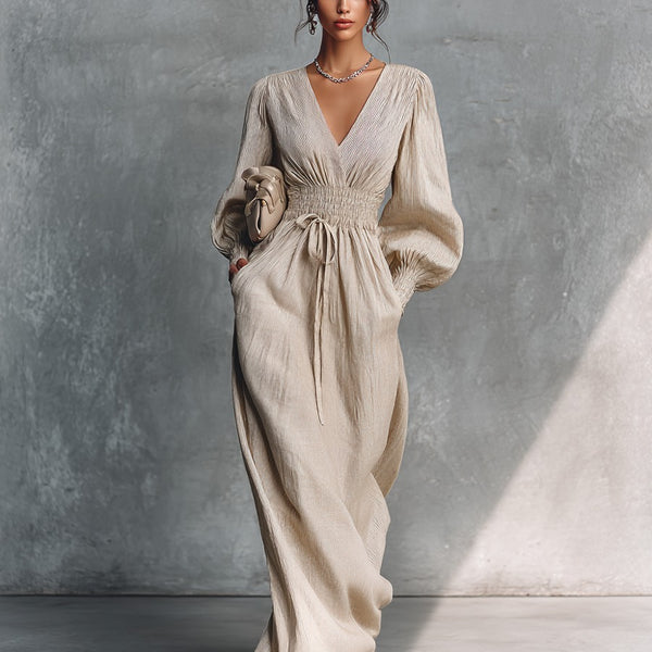 Abito lungo a righe beige in cotone e lino