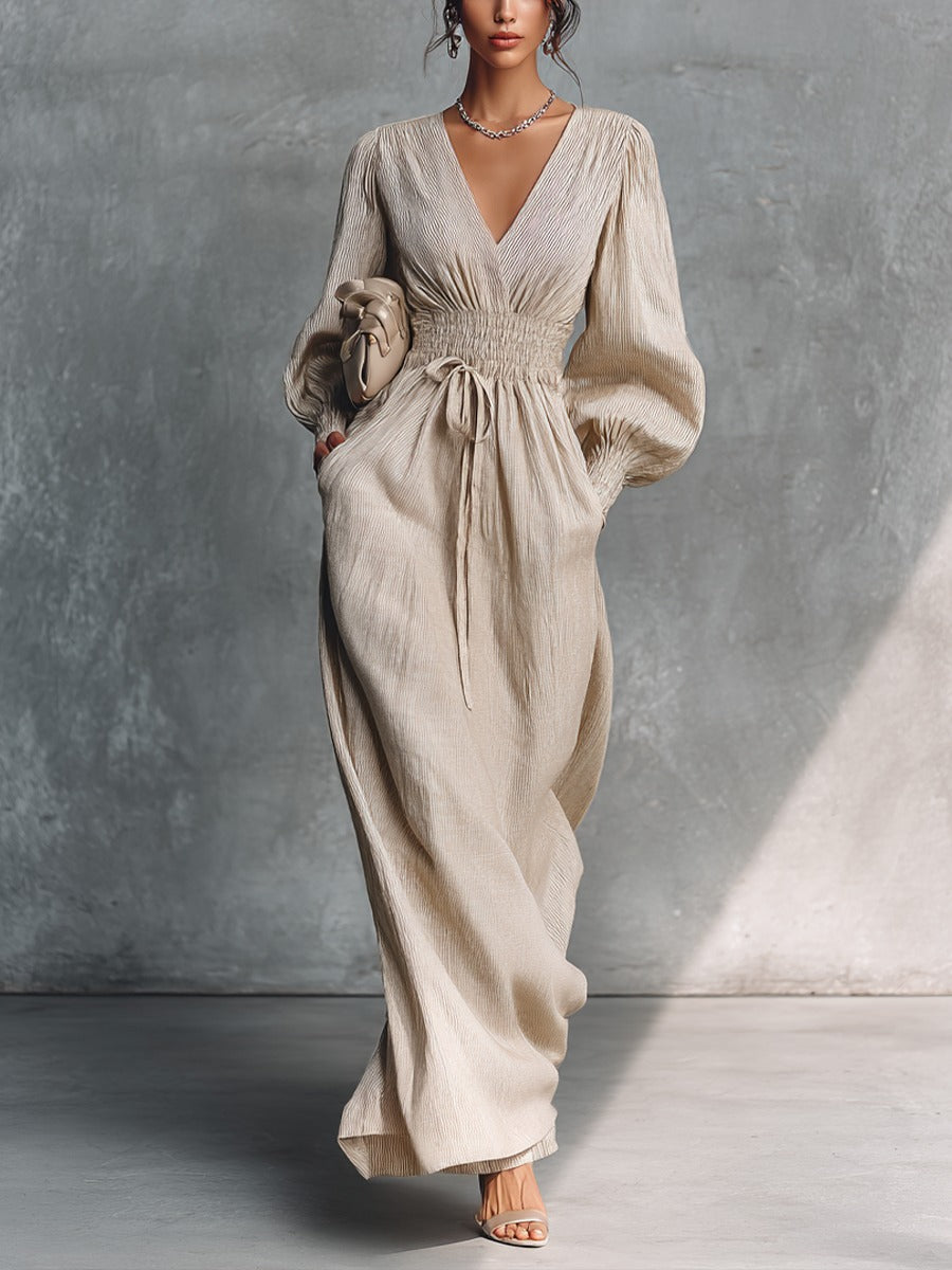 Abito lungo a righe beige in cotone e lino