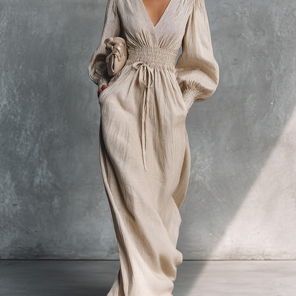 Abito lungo a righe beige in cotone e lino