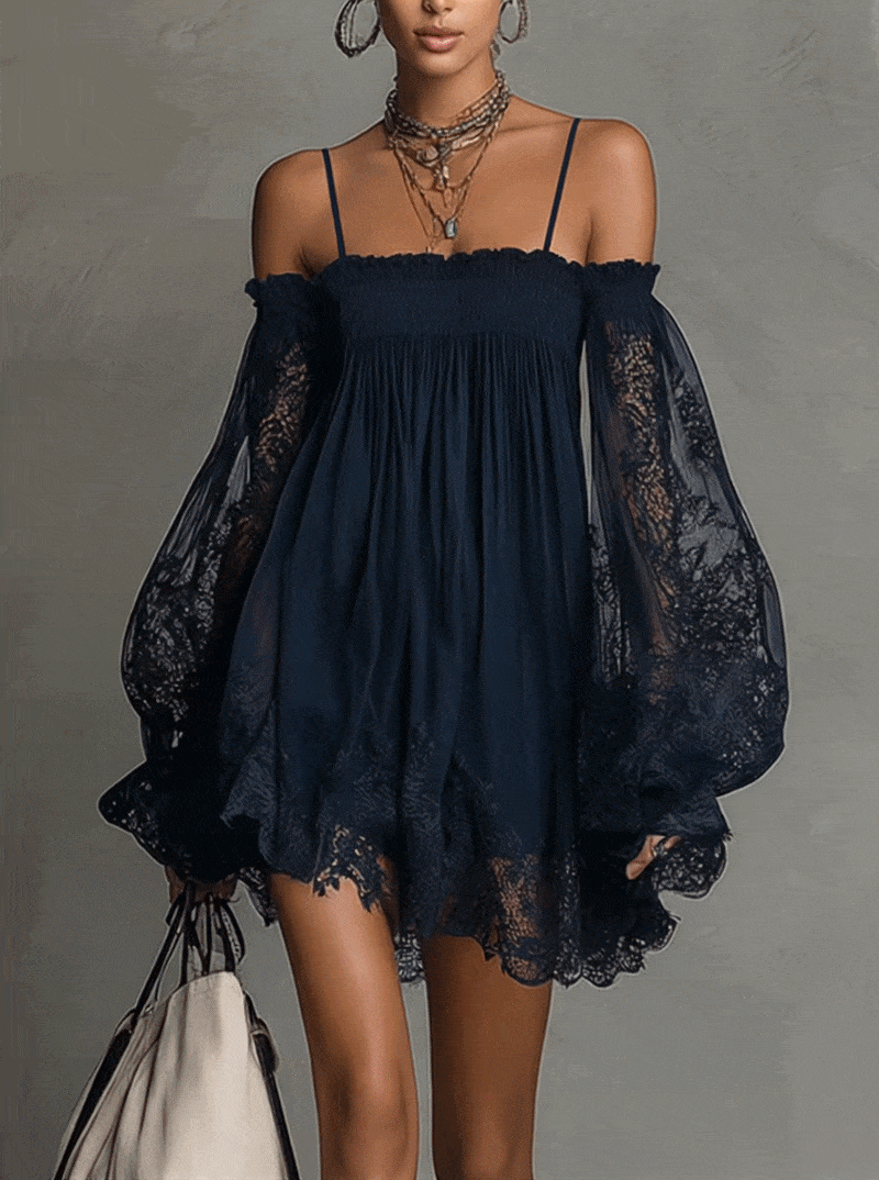 Louisa | Abito in Chiffon con Maniche in Pizzo a Spalle Scoperte