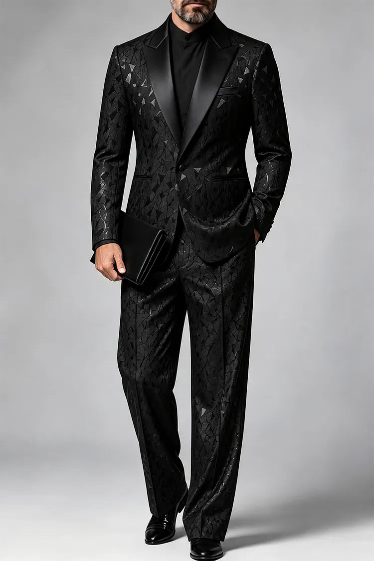 Abito uomo nero jacquard con revers in satin a due pezzi