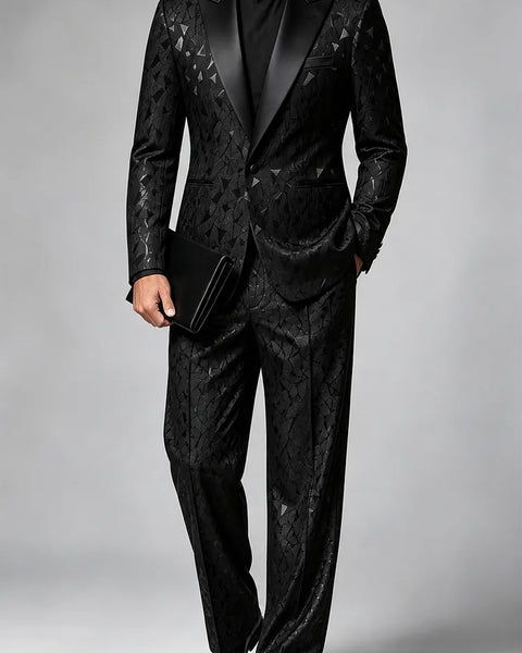 Abito uomo nero jacquard con revers in satin a due pezzi