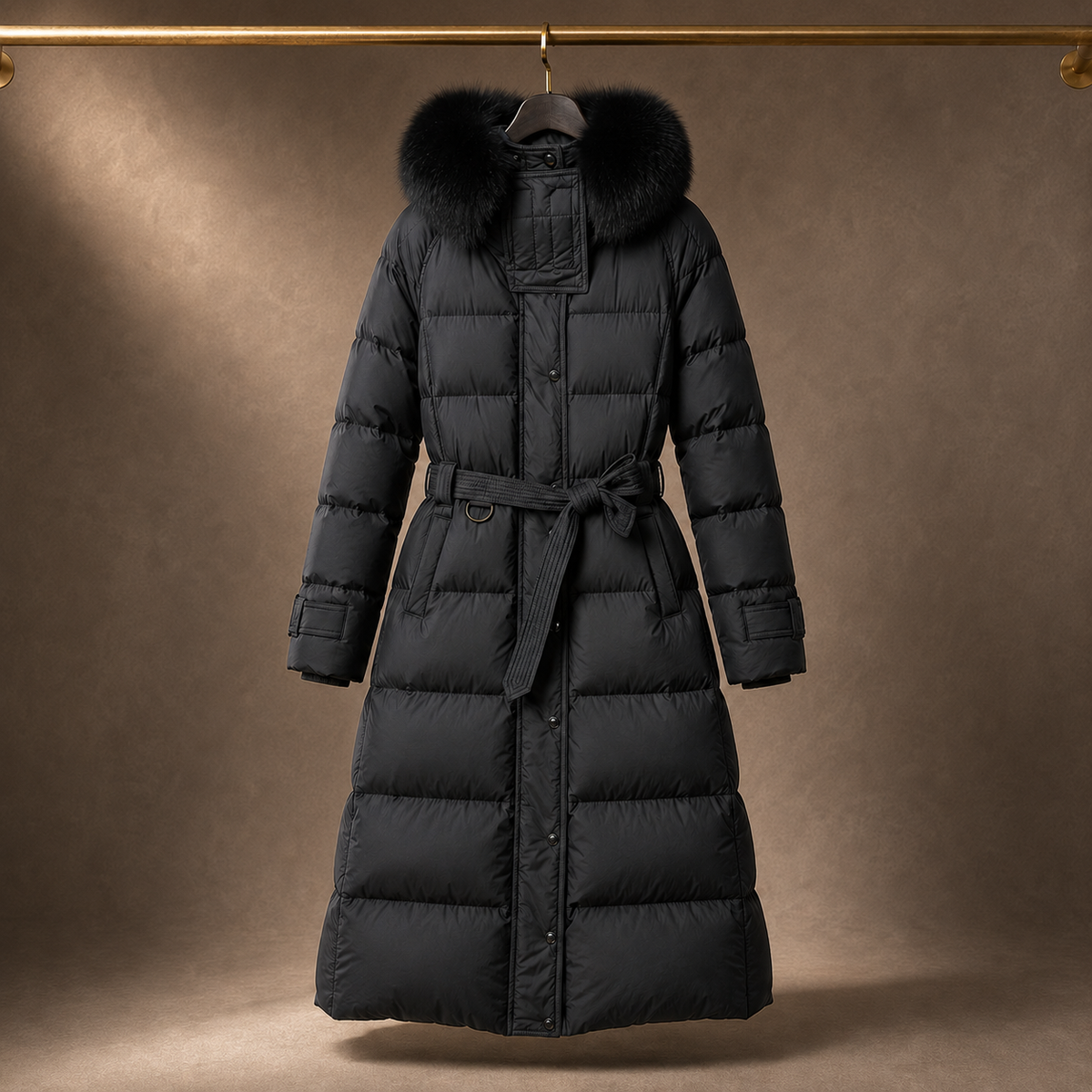 Cappotto Puffer con Cappuccio in Pelliccia