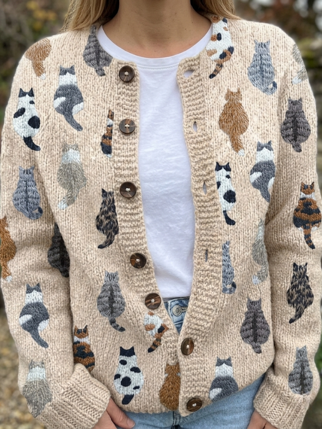 Graziella™ | Cardigan con Stampa di Gatti Accogliente
