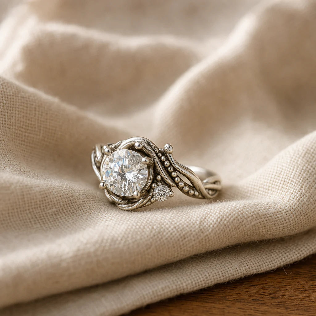 Elegante anello con ramo d'argento e zirconi