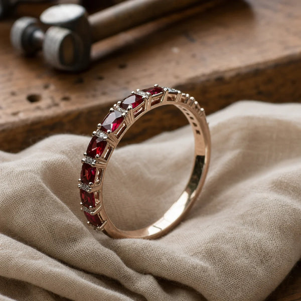 Anello in oro con intarsi di cristalli rossi