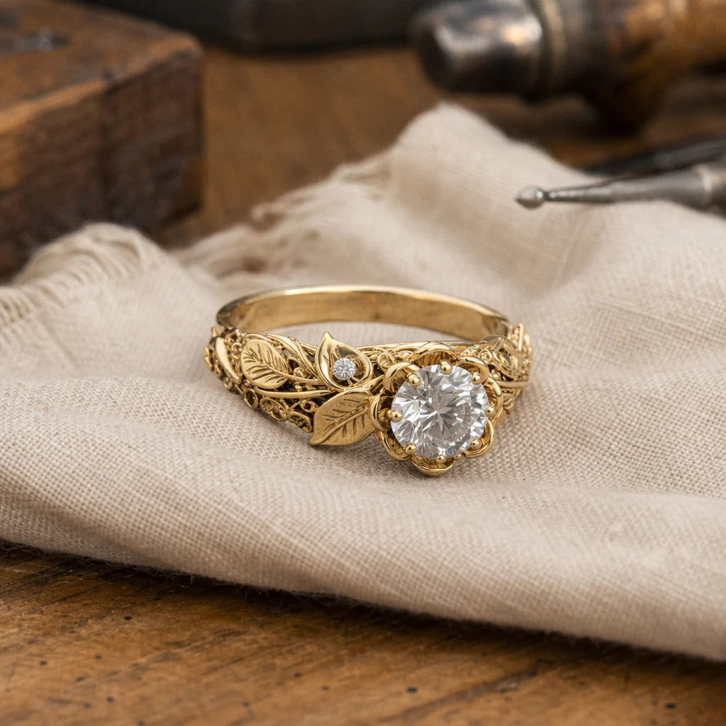 Anello con zirconi a foglia dorata