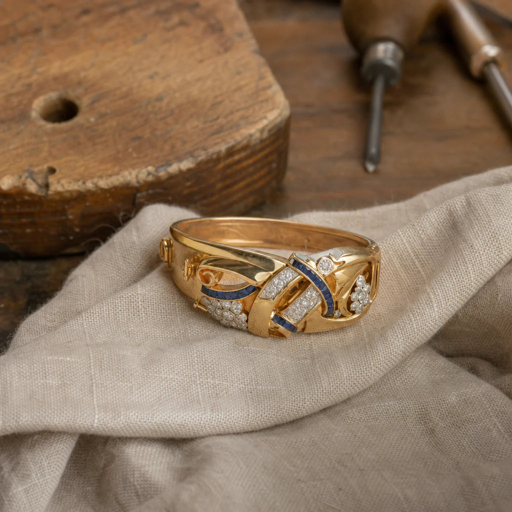 Anello vintage in oro con zirconi blu