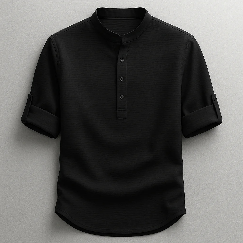 Camicia Colletto alla Coreana in Tessuto Nido d'Ape