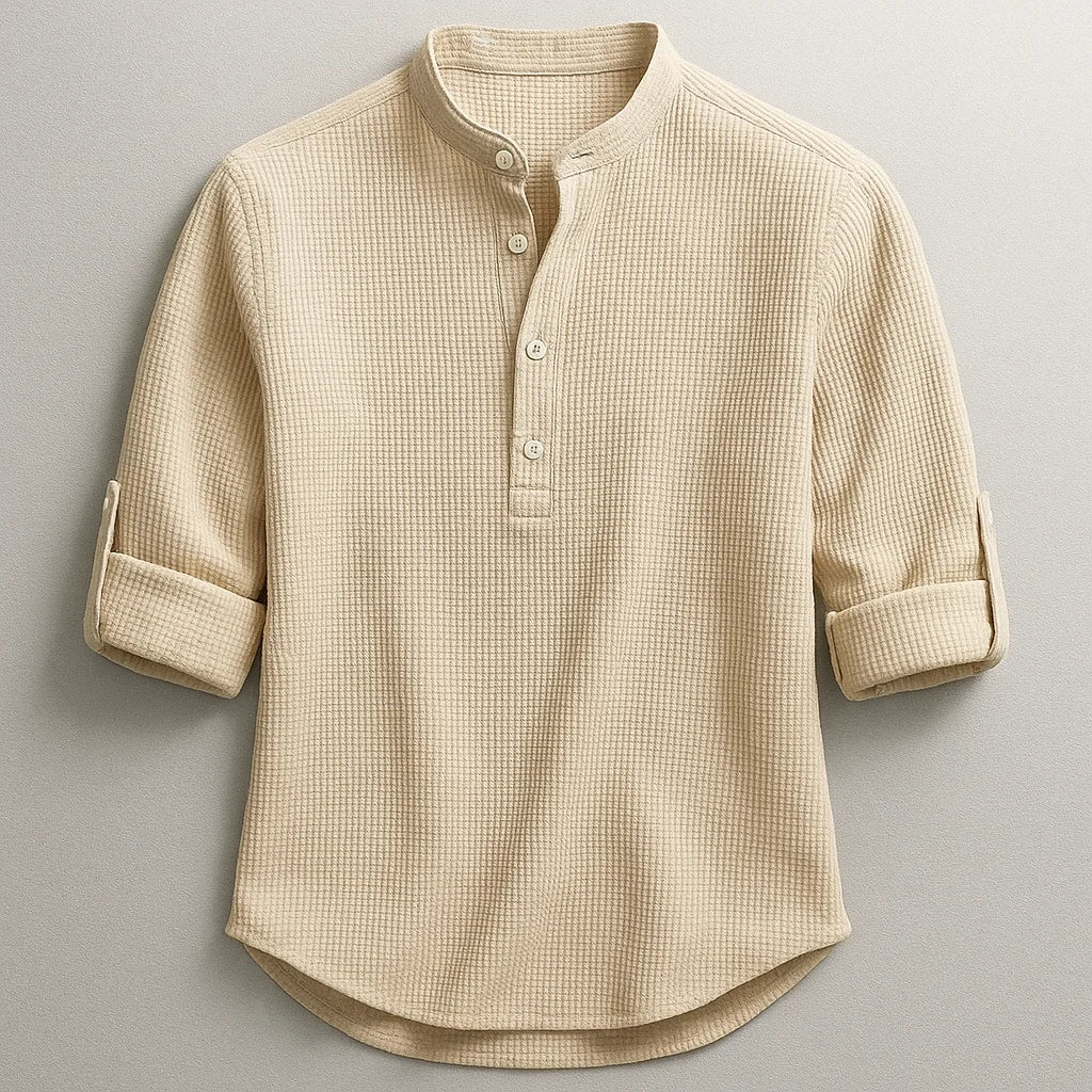 Camicia Colletto alla Coreana in Tessuto Nido d'Ape