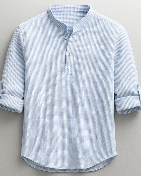 Camicia Colletto alla Coreana in Tessuto Nido d'Ape
