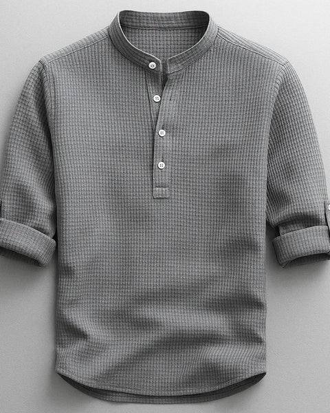Camicia Colletto alla Coreana in Tessuto Nido d'Ape