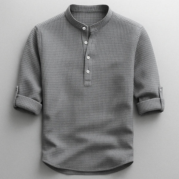 Camicia Colletto alla Coreana in Tessuto Nido d'Ape