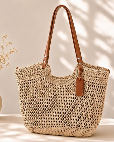 Alina | Borsa Shopper Intrecciata a Mano all'Uncinetto - Beige Chiaro