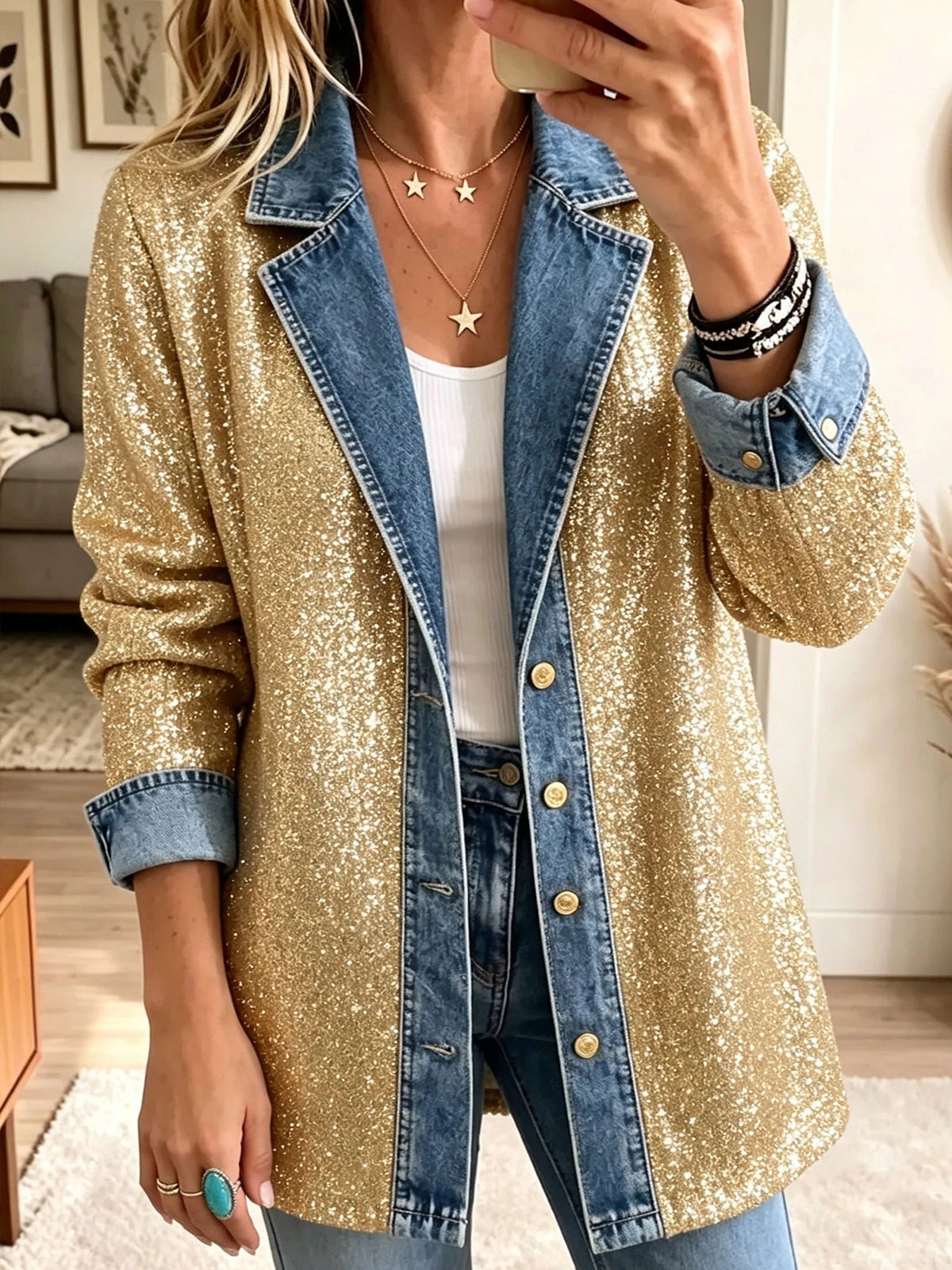 Sophia | Giacca Spliced in Denim con Glitter Oro