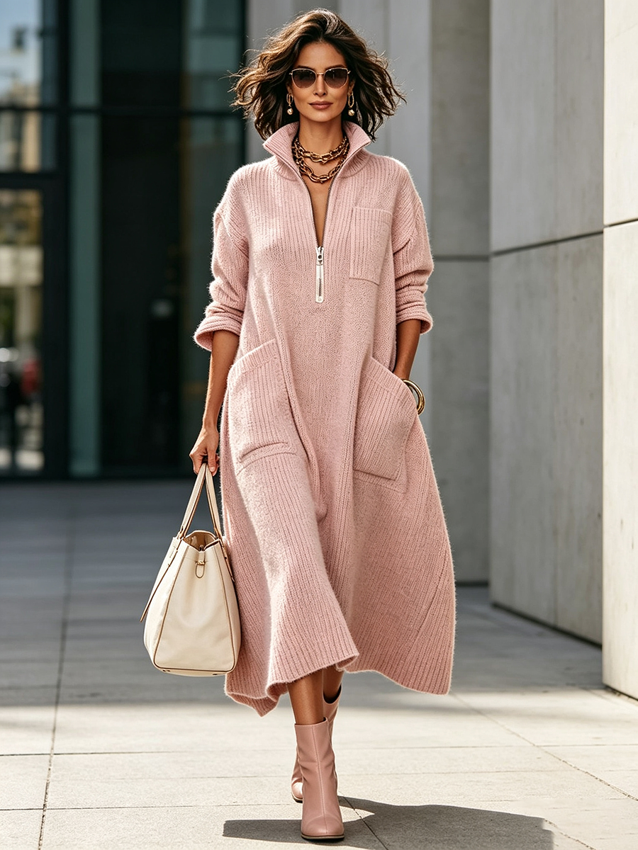 Abito Midi Oversize in Maglia con Collo Zippato