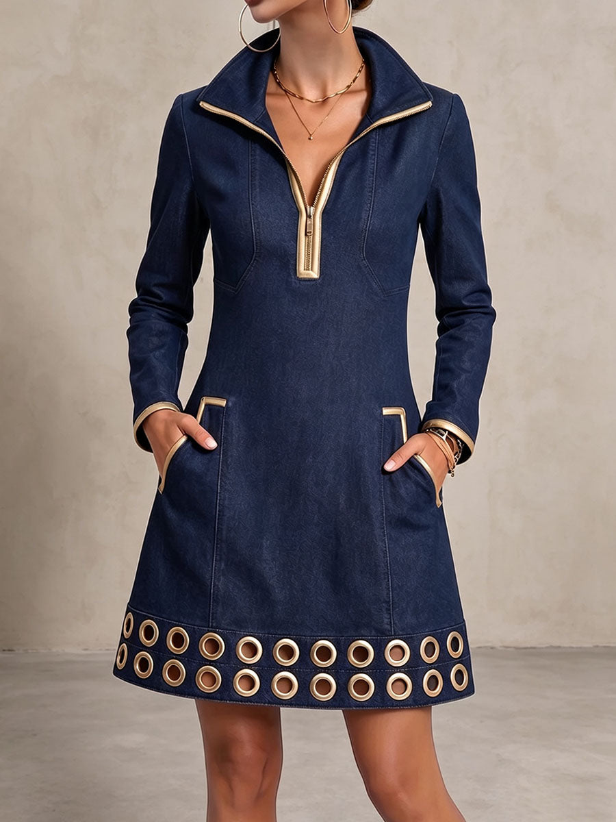 Abito in Denim con Dettagli Dorati