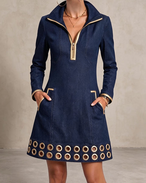 Abito in Denim con Dettagli Dorati