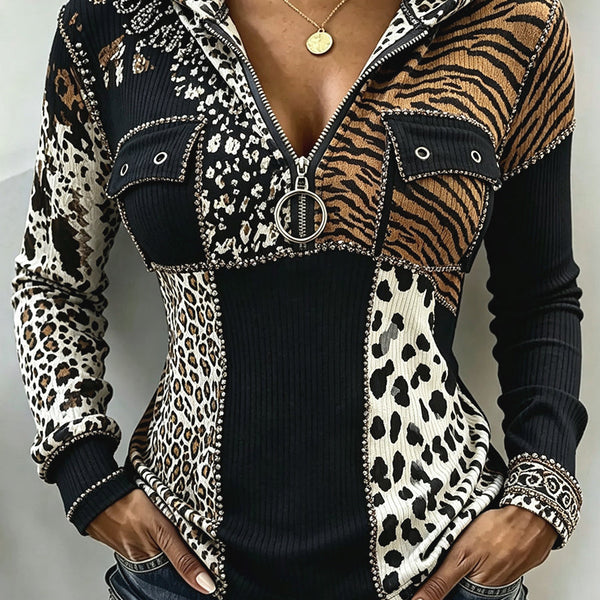 Felpa a Coste con Patchwork Animalier