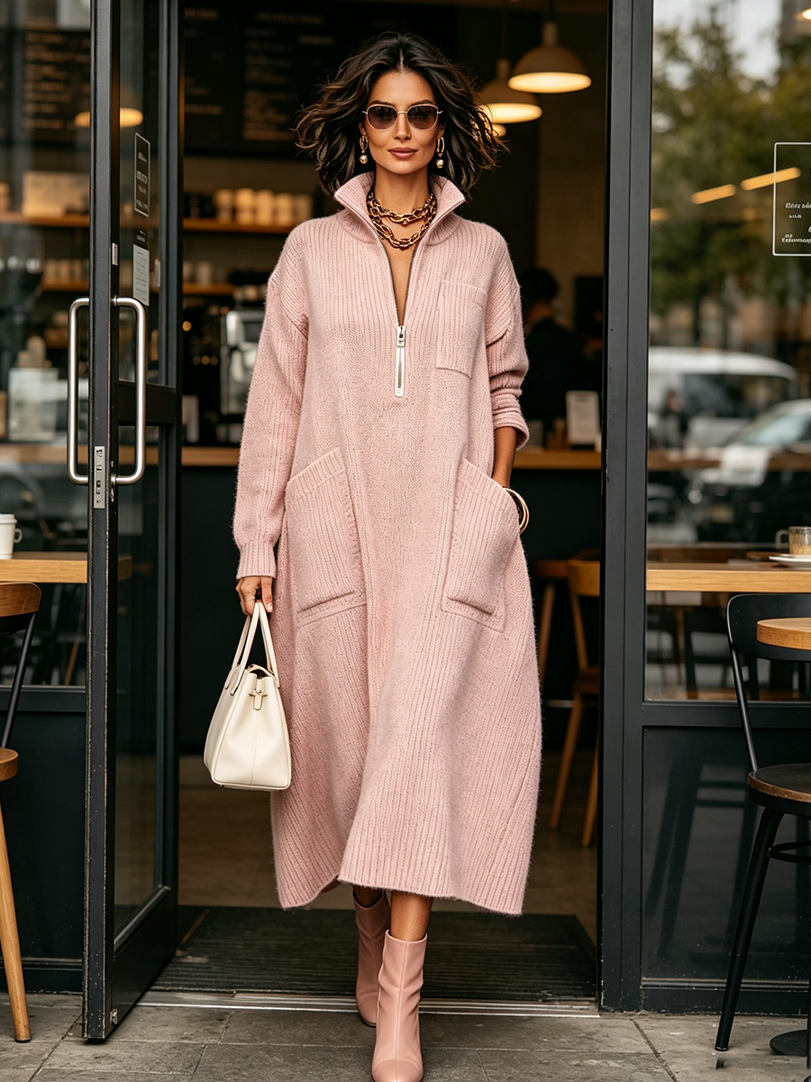 Abito Midi Oversize in Maglia con Collo Zippato