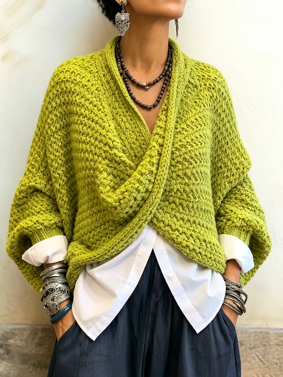 Maglione Incrociato con Maniche a Pipistrello
