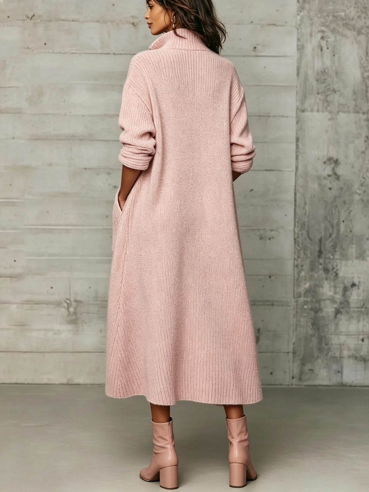 Abito Midi Oversize in Maglia con Collo Zippato