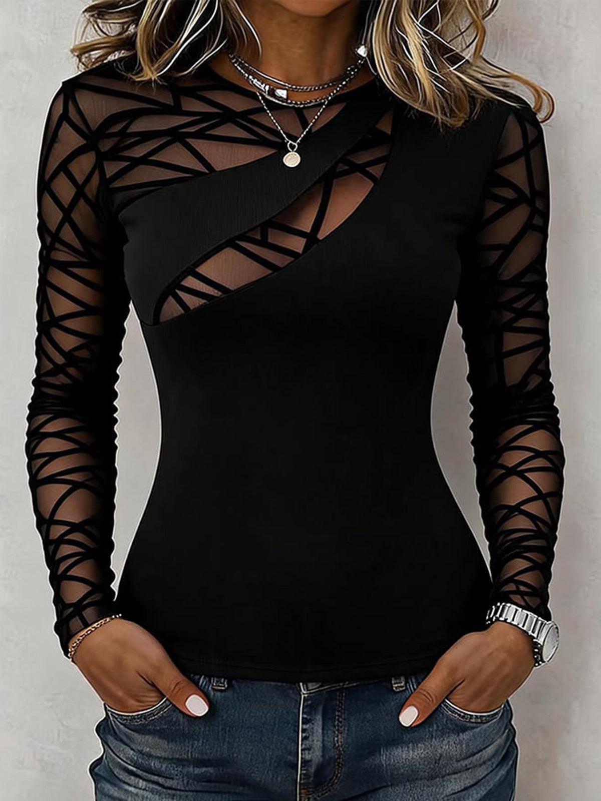 Maglia con Inserti Geometrici in Tulle