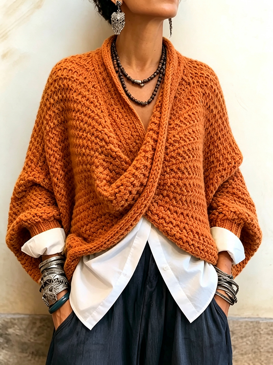 Maglione Incrociato con Maniche a Pipistrello