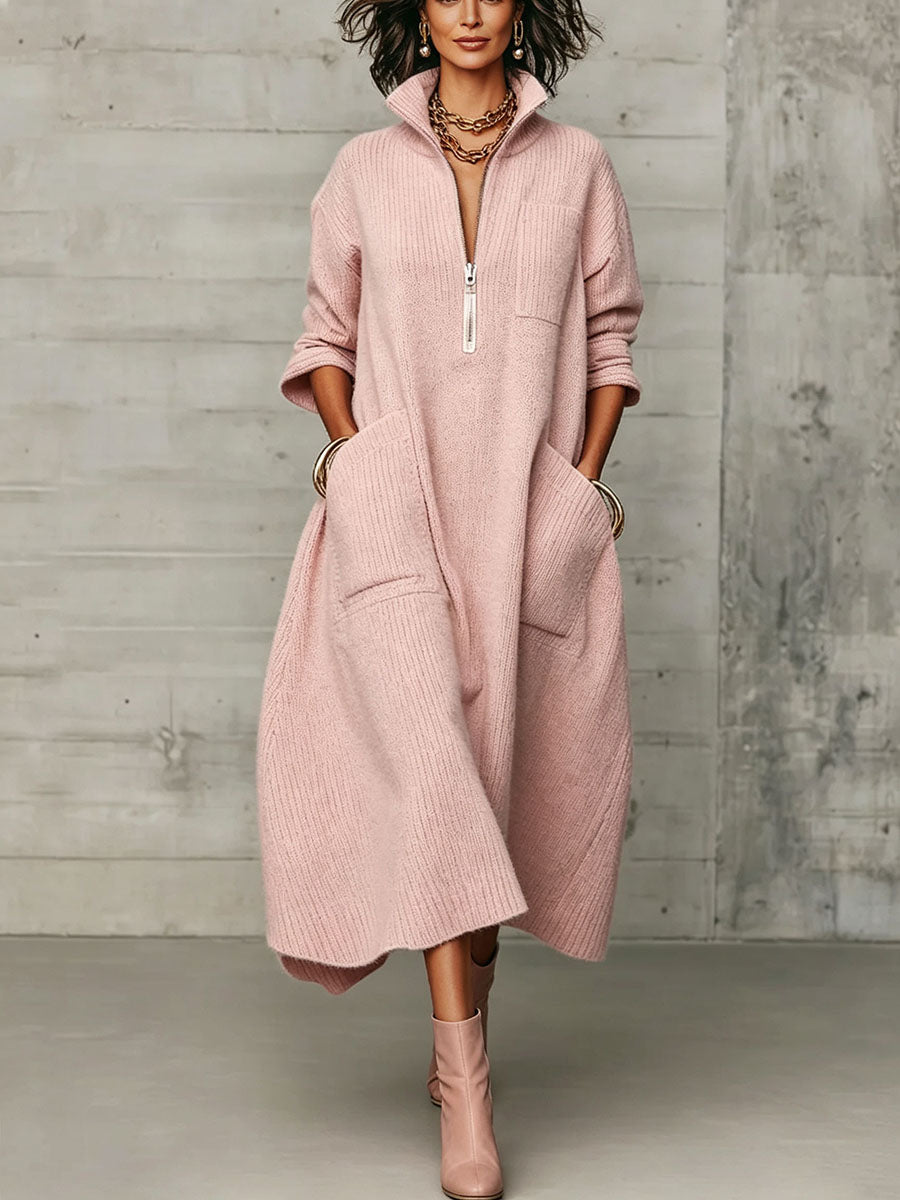 Abito Midi Oversize in Maglia con Collo Zippato