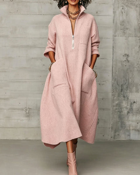 Abito Midi Oversize in Maglia con Collo Zippato