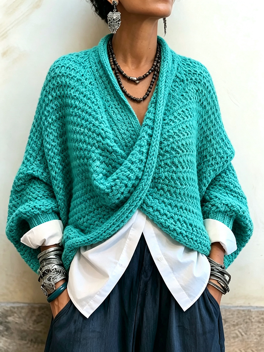 Maglione Incrociato con Maniche a Pipistrello