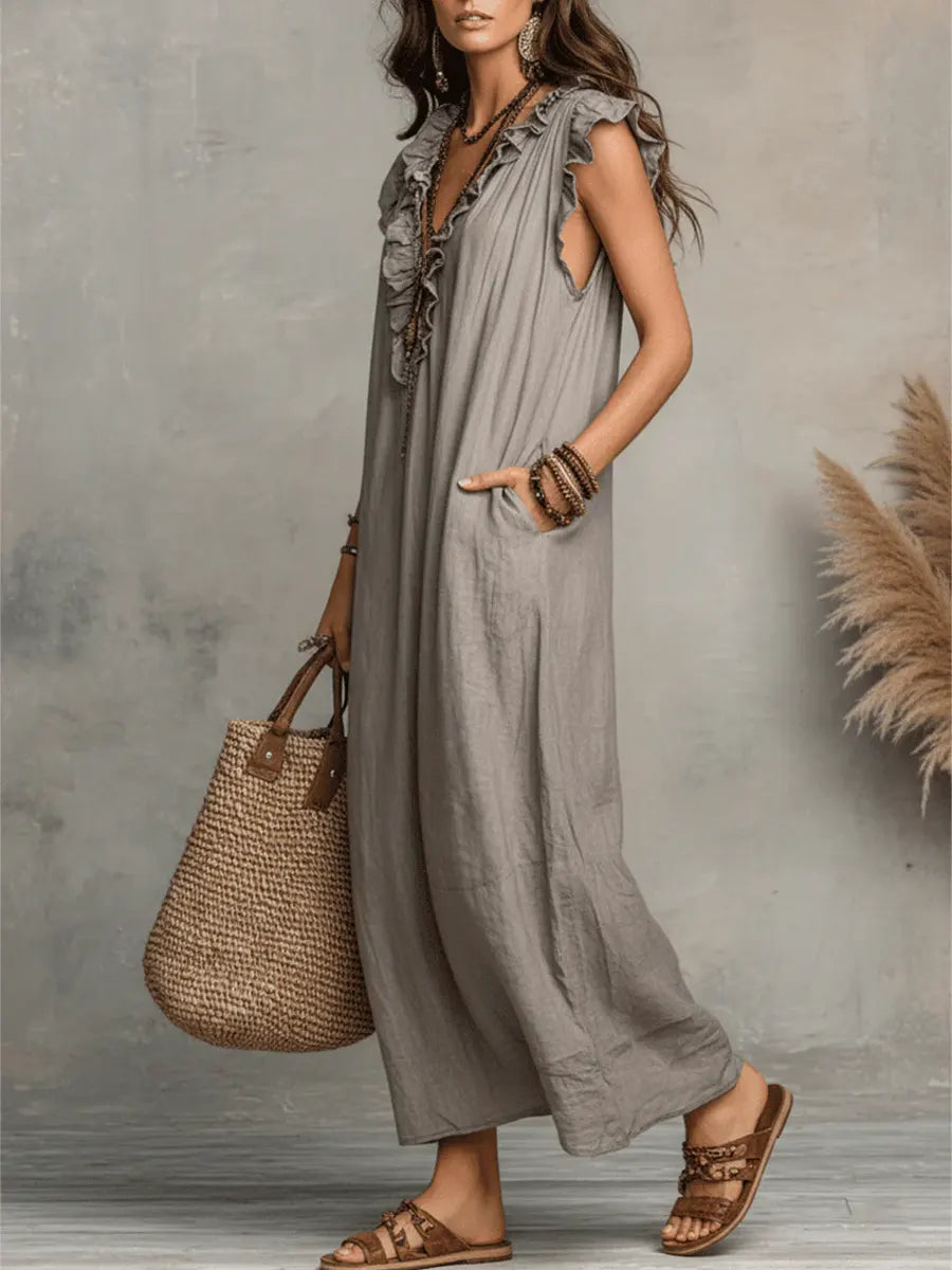 Sole — Abito Lungo in Lino con Scollo Rouches e Tasche