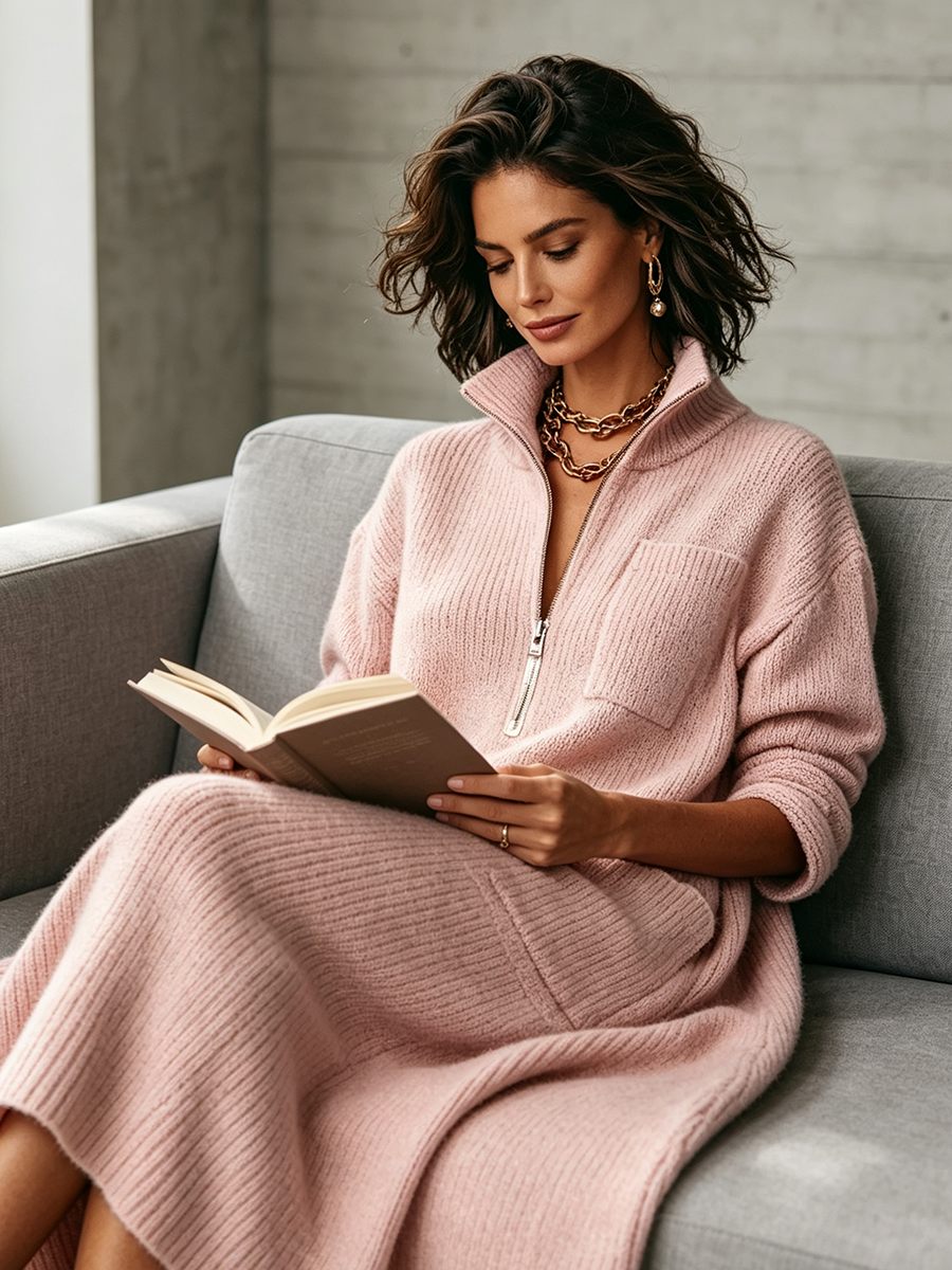 Abito Midi Oversize in Maglia con Collo Zippato