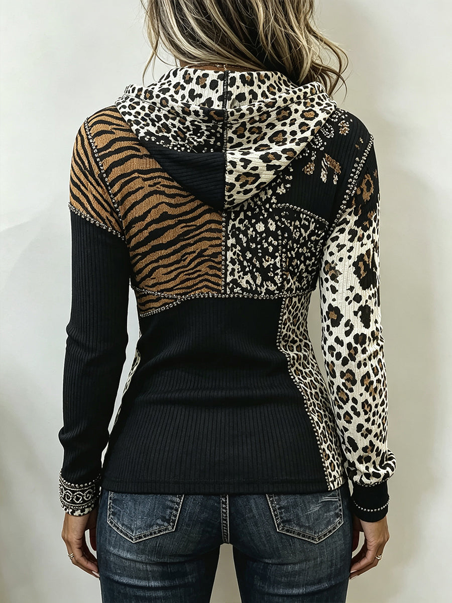 Felpa a Coste con Patchwork Animalier